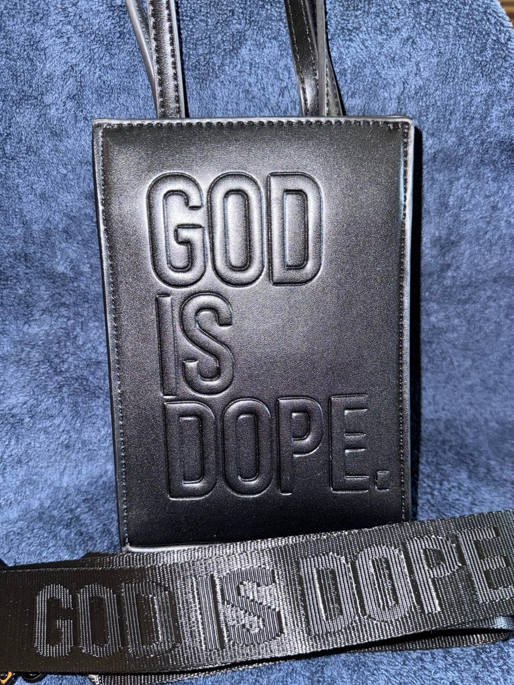 GOD IS DOPE. Black Leather Crossbody Phone Bag
